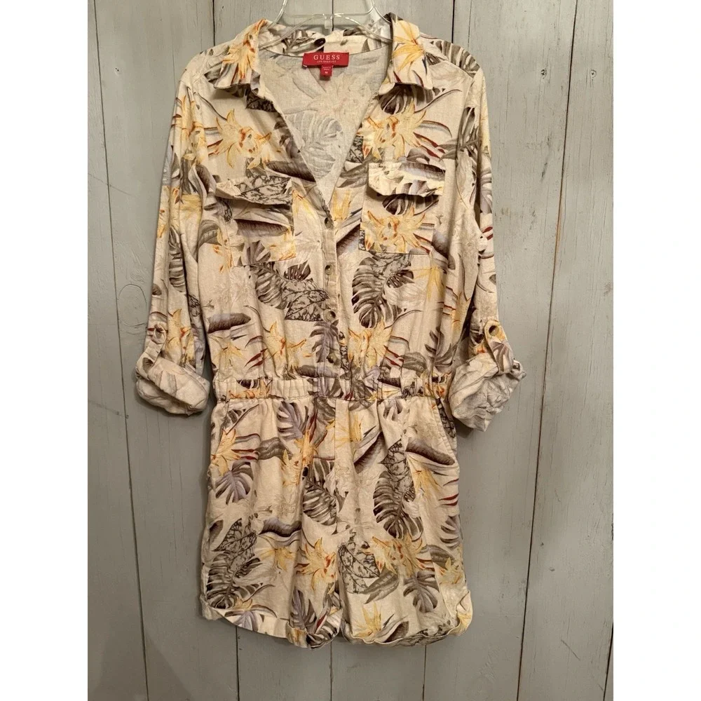 Guess‎ Floral Linen Blend Vintage Romper Size Med Beach Vibe Stunning